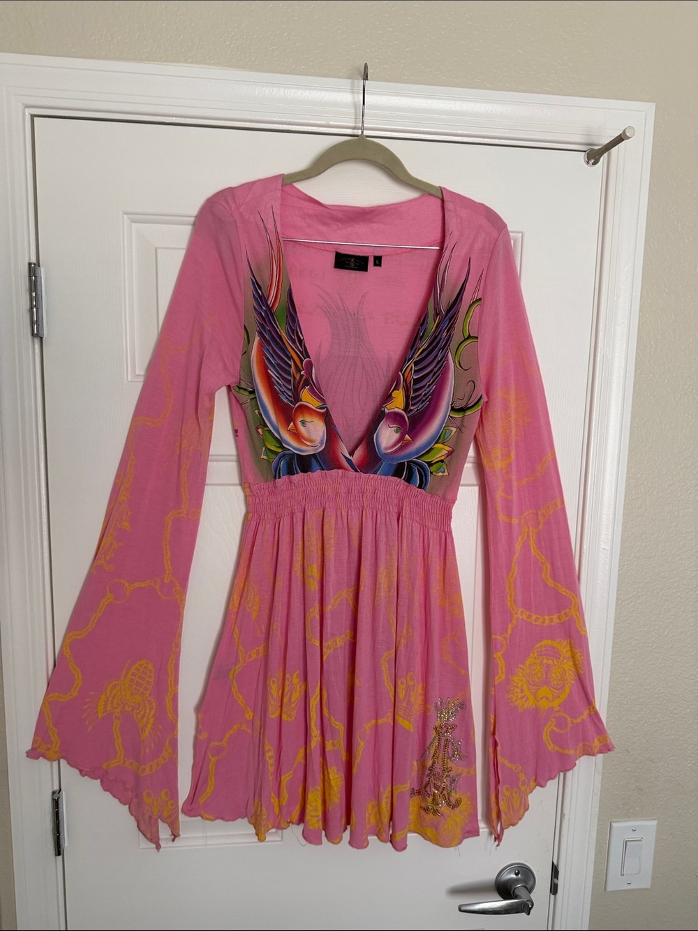 Christian Audigier Pink concert Dress/ top with Gold Logo Label, Size L